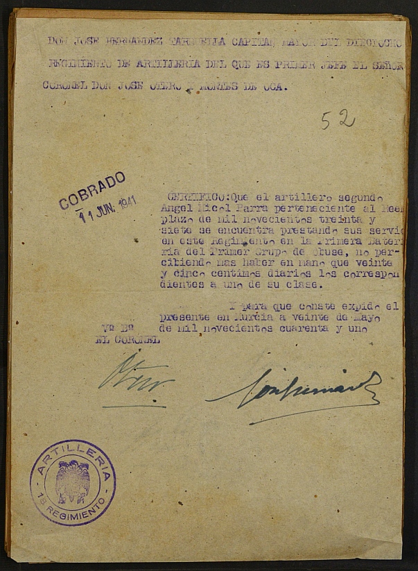 Expediente nº 52/1940 de beneficiario del subsidio al combatiente de Ángel Micol Parra